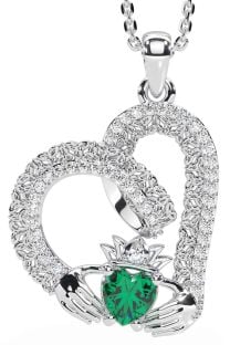 Diamond Emerald Silver Claddagh Trinity knot Necklace