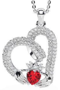 Diamond Ruby Silver Claddagh Trinity knot Necklace