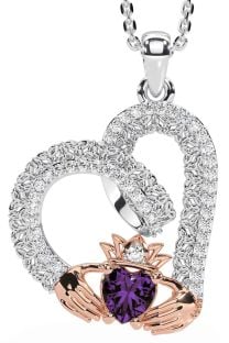 Diamond Alexandrite Rose Gold Silver Claddagh Trinity knot Necklace