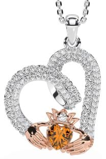 Diamond Citrine Rose Gold Silver Claddagh Trinity knot Necklace