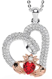 Diamond Ruby Rose Gold Silver Claddagh Trinity knot Necklace