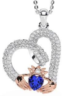 Diamond Sapphire Rose Gold Silver Claddagh Trinity knot Necklace