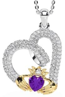 Diamond Amethyst Gold Silver Claddagh Trinity knot Necklace