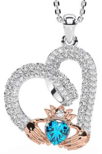 Diamond Topaz White Rose Gold Claddagh Trinity knot Necklace