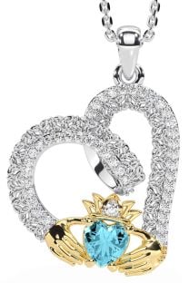 Diamond Aquamarine White Yellow Gold Claddagh Trinity knot Necklace