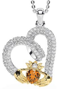 Diamond Citrine White Yellow Gold Claddagh Trinity knot Necklace