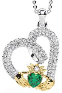 Diamond Emerald White Yellow Gold Claddagh Trinity knot Necklace