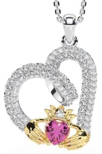 Diamond Pink Tourmaline White Yellow Gold Claddagh Trinity knot Necklace