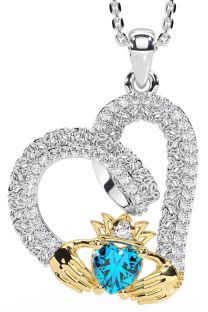 Diamond Topaz White Yellow Gold Claddagh Trinity knot Necklace