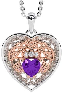 Diamond Amethyst Rose Gold Silver Celtic Claddagh Trinity Knot Heart Necklace