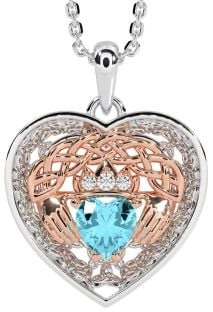 Diamond Aquamarine Rose Gold Silver Celtic Claddagh Trinity Knot Heart Necklace