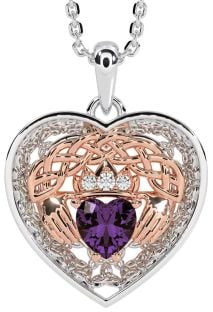 Diamond Alexandrite Rose Gold Silver Celtic Claddagh Trinity Knot Heart Necklace