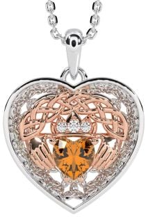 Diamond Citrine Rose Gold Silver Celtic Claddagh Trinity Knot Heart Necklace