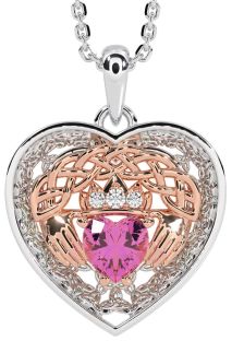 Diamond Pink Tourmaline Rose Gold Silver Celtic Claddagh Trinity Knot Heart Necklace