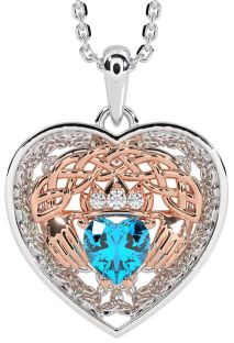 Diamond Topaz Rose Gold Silver Celtic Claddagh Trinity Knot Heart Necklace