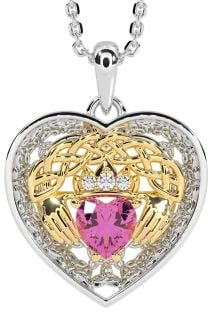 Diamond Pink Tourmaline Gold Silver Celtic Claddagh Trinity Knot Heart Necklace