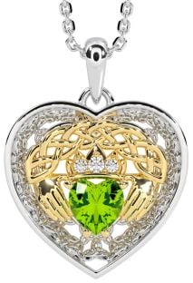 Diamond Peridot Gold Silver Celtic Claddagh Trinity Knot Heart Necklace