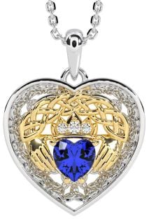 Diamond Sapphire Gold Silver Celtic Claddagh Trinity Knot Heart Necklace