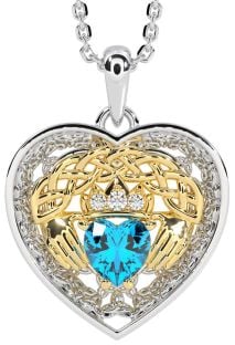 Diamond Topaz Gold Silver Celtic Claddagh Trinity Knot Heart Necklace