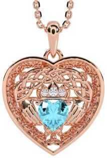 Diamond Aquamarine Rose Gold Silver Celtic Claddagh Trinity Knot Heart Necklace