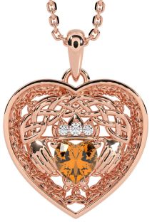 Diamond Citrine Rose Gold Silver Celtic Claddagh Trinity Knot Heart Necklace