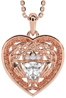 Diamond Rose Gold Silver Celtic Claddagh Trinity Knot Heart Necklace