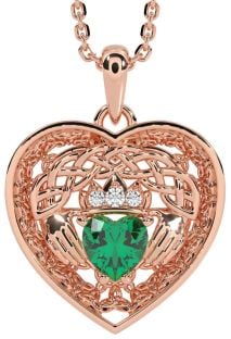 Diamond Emerald Rose Gold Silver Celtic Claddagh Trinity Knot Heart Necklace