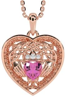 Diamond Pink Tourmaline Rose Gold Silver Celtic Claddagh Trinity Knot Heart Necklace