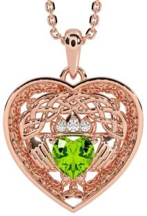 Diamond Peridot Rose Gold Silver Celtic Claddagh Trinity Knot Heart Necklace