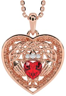 Diamond Ruby Rose Gold Silver Celtic Claddagh Trinity Knot Heart Necklace