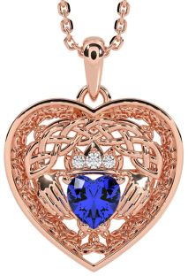 Diamond Sapphire Rose Gold Silver Celtic Claddagh Trinity Knot Heart Necklace