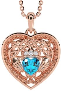 Diamond Topaz Rose Gold Silver Celtic Claddagh Trinity Knot Heart Necklace