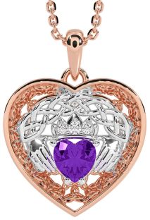 Diamond Amethyst Rose Gold Silver Celtic Claddagh Trinity Knot Heart Necklace