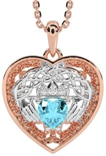 Diamond Aquamarine Rose Gold Silver Celtic Claddagh Trinity Knot Heart Necklace