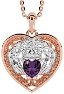 Diamond Alexandrite Rose Gold Silver Celtic Claddagh Trinity Knot Heart Necklace