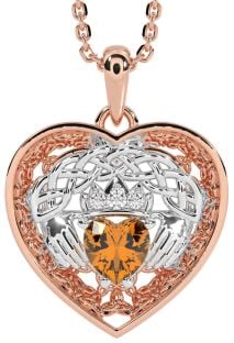 Diamond Citrine Rose Gold Silver Celtic Claddagh Trinity Knot Heart Necklace