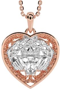 Diamond Rose Gold Silver Celtic Claddagh Trinity Knot Heart Necklace