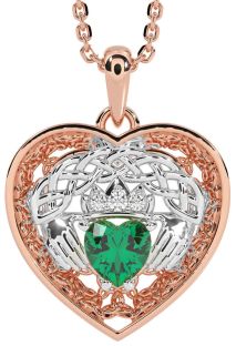 Diamond Emerald Rose Gold Silver Celtic Claddagh Trinity Knot Heart Necklace