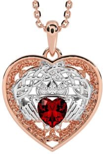 Diamond Garnet Rose Gold Silver Celtic Claddagh Trinity Knot Heart Necklace