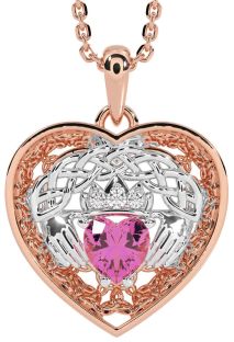 Diamond Pink Tourmaline Rose Gold Silver Celtic Claddagh Trinity Knot Heart Necklace