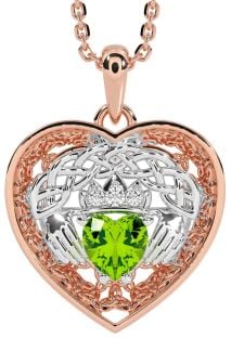 Diamond Peridot Rose Gold Silver Celtic Claddagh Trinity Knot Heart Necklace