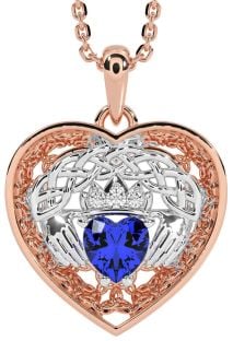 Diamond Sapphire Rose Gold Silver Celtic Claddagh Trinity Knot Heart Necklace