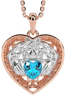 Diamond Topaz Rose Gold Silver Celtic Claddagh Trinity Knot Heart Necklace