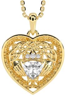 Diamond Gold Silver Celtic Claddagh Trinity Knot Heart Necklace