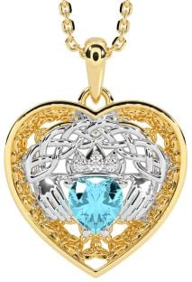 Diamond Aquamarine Gold Silver Celtic Claddagh Trinity Knot Heart Necklace