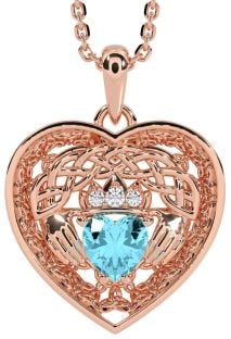 Diamond Aquamarine Rose Gold Celtic Claddagh Trinity Knot Heart Necklace