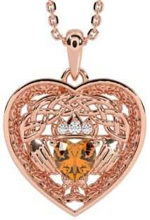 Diamond Citrine Rose Gold Celtic Claddagh Trinity Knot Heart Necklace