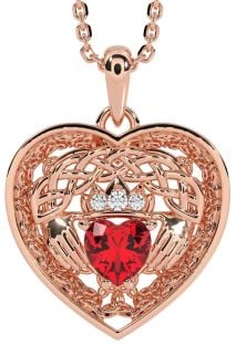 Diamond Ruby Rose Gold Celtic Claddagh Trinity Knot Heart Necklace