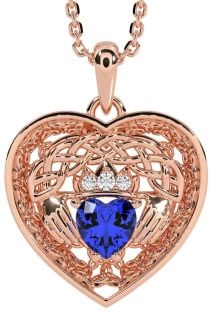 Diamond Sapphire Rose Gold Celtic Claddagh Trinity Knot Heart Necklace