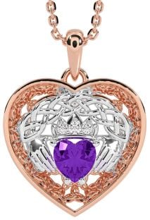 Diamond Amethyst White Rose Gold Celtic Claddagh Trinity Knot Heart Necklace